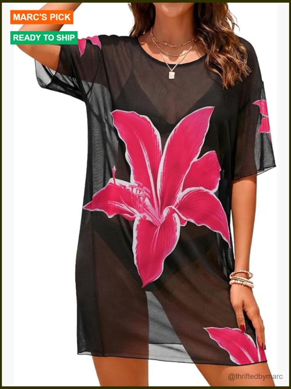 Sheer Mesh Swimsuit Coverup Short Sleeve Beach Dress Loose Fit